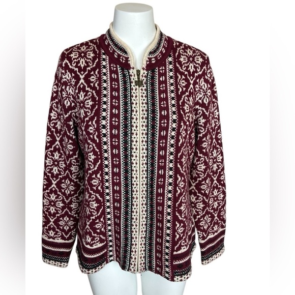 Appleseed's Sweaters - Appleseed's Maroon and White Fair Isle Zip Up Cardigan- PM